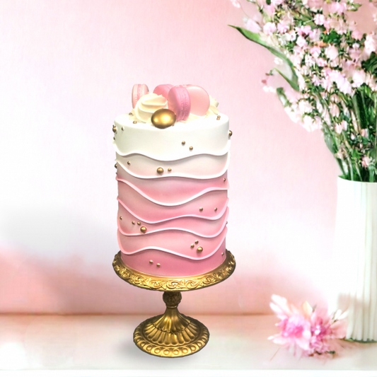 Pink Cake w/Macarons on Gold Pedestal