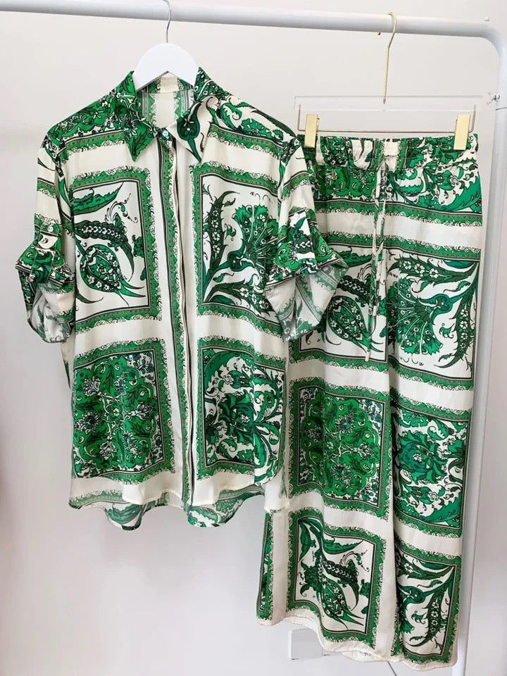 Green Tiles Silk Button-Up Shirt