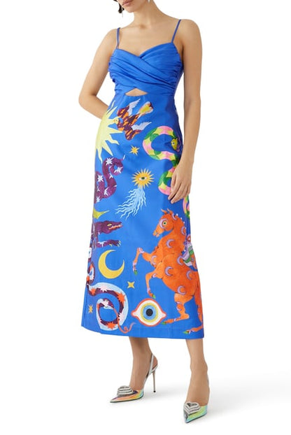 Luna Blue Printed Satin Midi Dress