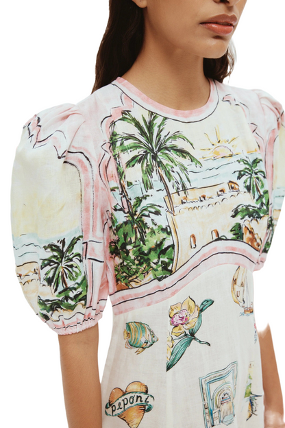 Paradise Puff-Sleeve Printed Linen Midi Dress