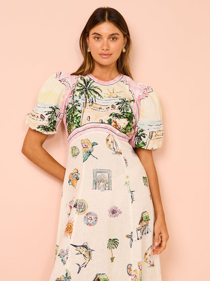 Paradise Puff-Sleeve Printed Linen Midi Dress