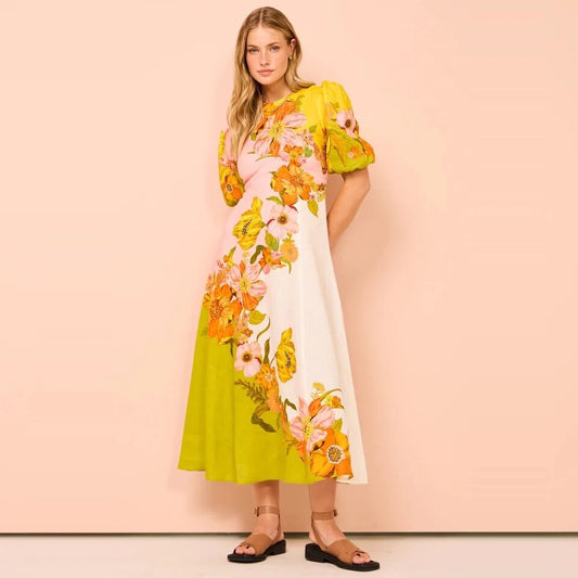 Silas Puff-Sleeve Floral Linen Midi Dress
