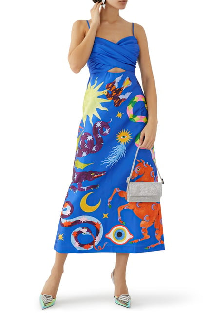Luna Blue Printed Satin Midi Dress