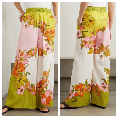 Tropical Smoothie Floral Linen Wide-Leg Drawstring Pants