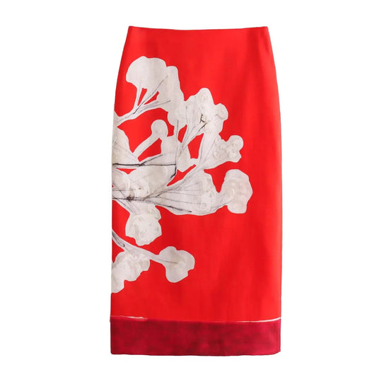 Floral Mid Length Skirt Red