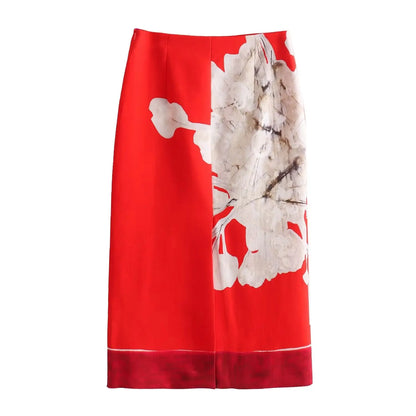 Floral Mid Length Skirt Red