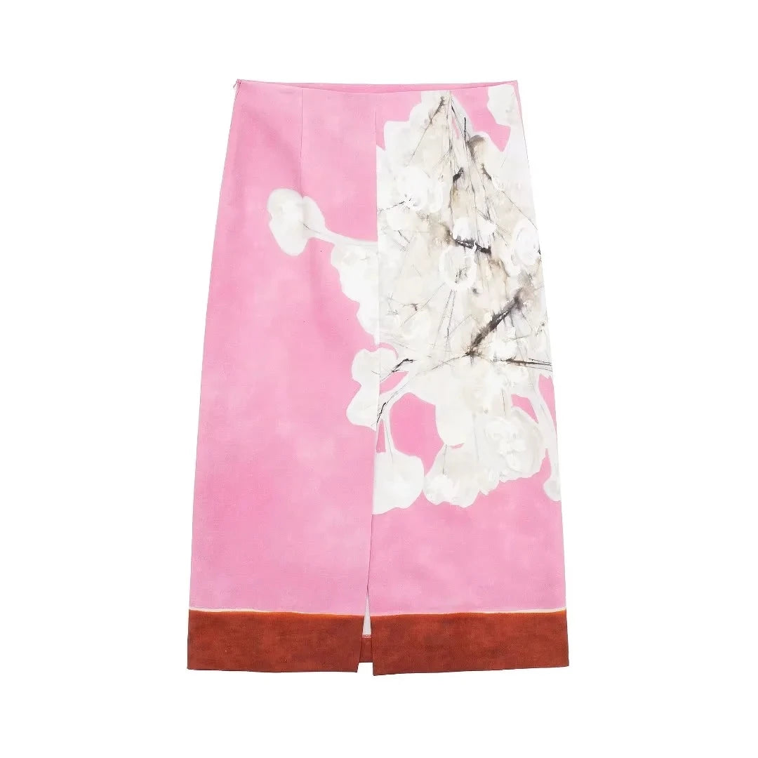 Floral Mid Length Skirt Pink