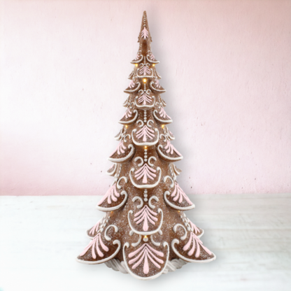 Gingerbread LED LIghted Tree Trimmed in Pink Icing