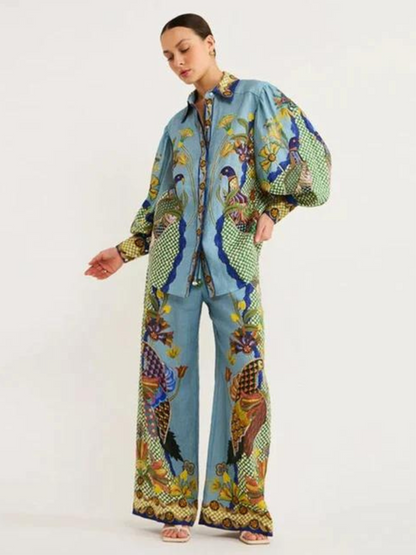 Blue Bird Print Wide Leg Linen Pants