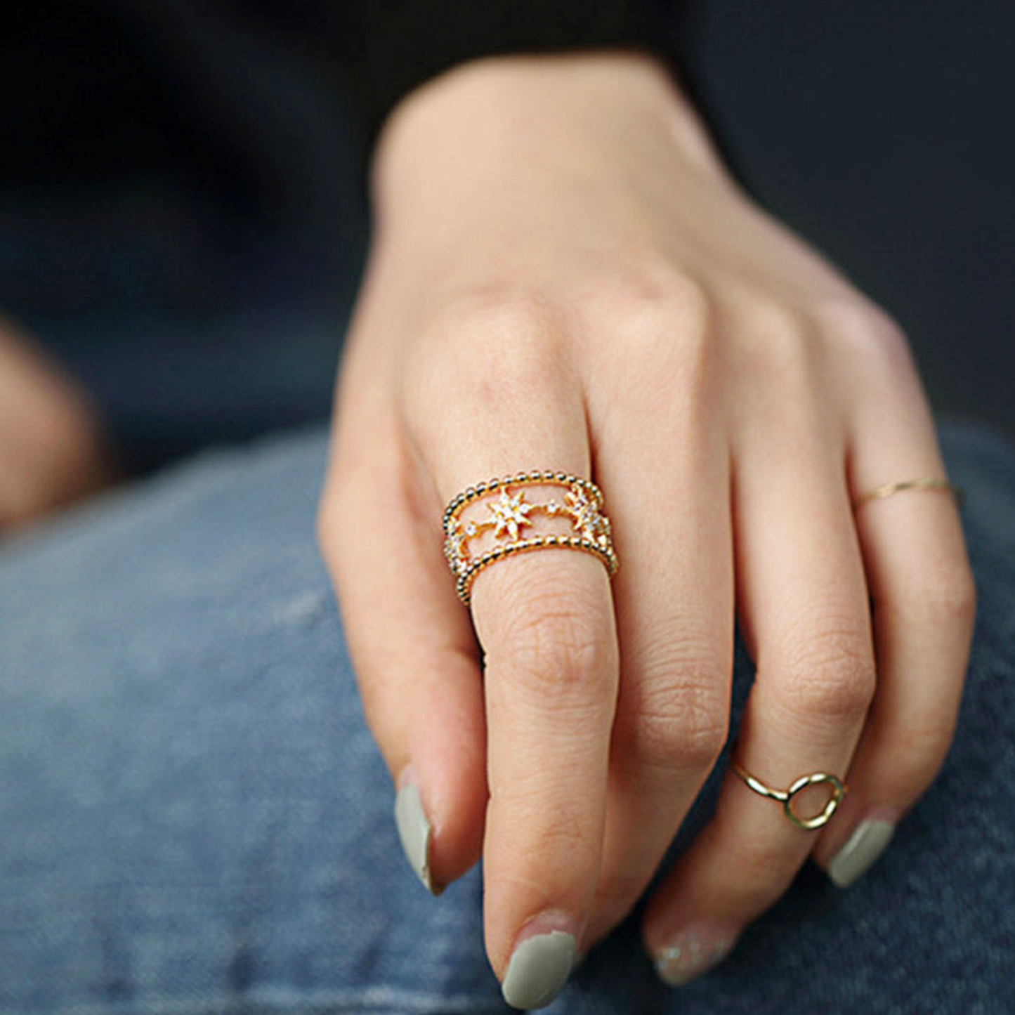 Gold Moon and Stars Cuff Ring
