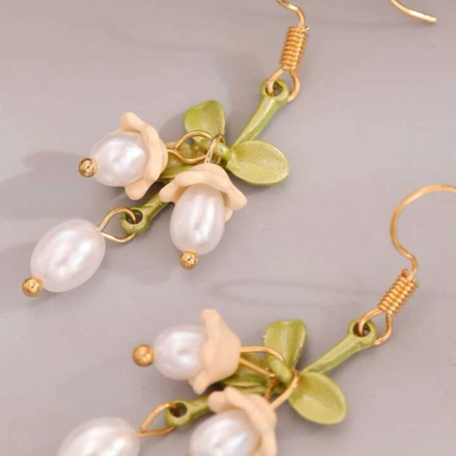 Pink and Pearl Flower Dangle Earrings