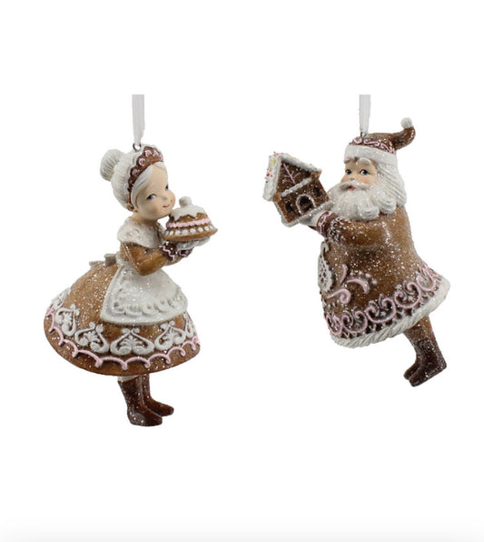 Set of 2 Santa & Mrs Clause Gingerbread Ornaments